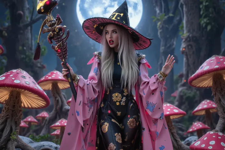 the mushroom sorcerers (cute, age 20, sexy mushroom themed gown with arcane symbols, mushroom hat, magic staff) is leading a horde of short Mushroom goblins into the enchanted forest, mystical moonlit night