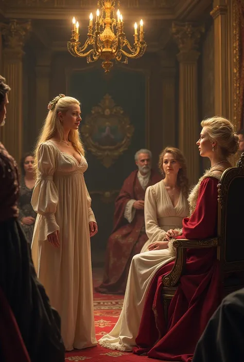 Blonde woman Selena turned to a consultation with Duchess Irene, with several of the aristocrats standing watching.