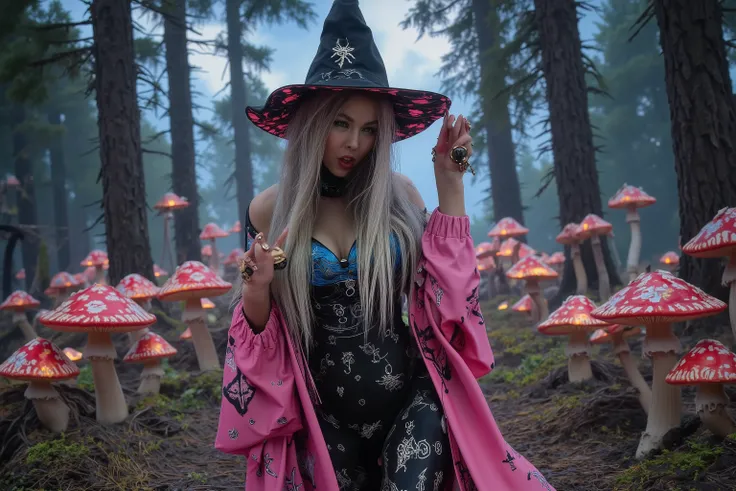 the mushroom sorcerers (cute, age 20, sexy mushroom themed gown with arcane symbols, mushroom hat, magic staff) is leading a horde of short Mushroom goblins into the enchanted forest, mystical moonlit night