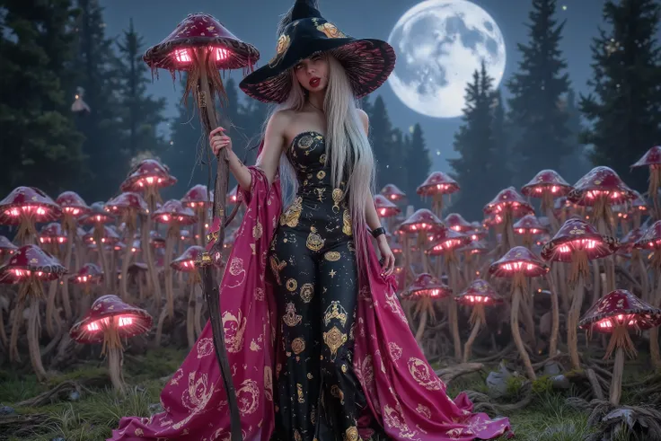the mushroom sorcerers (cute, age 20, sexy mushroom themed gown with arcane symbols, mushroom hat, magic staff) is leading a horde of short Mushroom goblins into the enchanted forest, mystical moonlit night