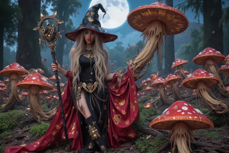the mushroom sorcerers (cute, age 20, sexy mushroom themed gown with arcane symbols, mushroom hat, magic staff) is leading a horde of short Mushroom goblins into the enchanted forest, mystical moonlit night