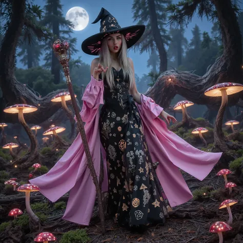 the mushroom sorcerers (cute, age 20, sexy mushroom themed gown with arcane symbols, mushroom hat, magic staff) is leading a horde of short Mushroom goblins into the enchanted forest, mystical moonlit night