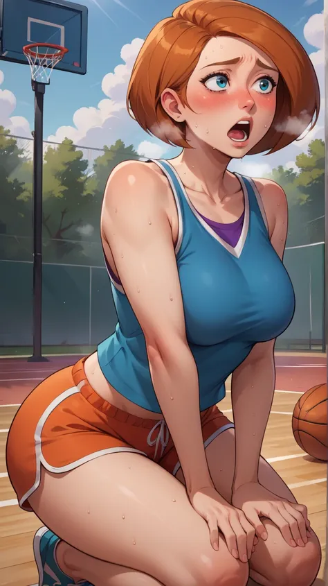 score_9, score_8_up, score_7_up, BREAK, 1girl, large breasts, mature female, annpossible, tank top, blue shirt, red shorts, dolphin shorts, midriff, basketball court, outdoors, toned, hands on knees, ,Brace your arms on your knees, Neckline, (fullblush,lea...