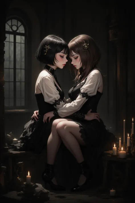 masterpiece, aesthetic, decadent, artistic, (2girl, twin sisters strangling each other, mysterious), gothic lolita, (1girl, short straight bob black hair, thick eyebrows, expression of weakness and fragility, feminine dress with cute lace at the bottom, on...