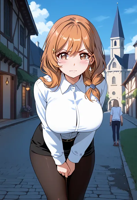 (\li sha\), 1girl, huge breasts, lisa \(genshin impact\), A detailed portrait of a young woman with beautiful brown eyes, orange hair, and bangs, denim pencil skirt, pantyhose, white earrings, (1girl, detailed eyes, extremely detailed face), beautiful deta...