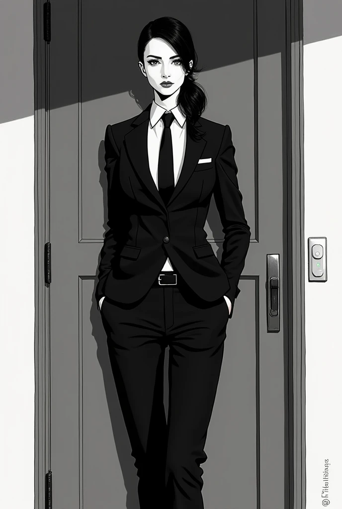 arafed image of a woman in a suit and tie standing in front of a door, a character portrait by Patrick Nagel, trending on cg society, shin hanga, handsome anime pose, adam hughes, madonna genderbend elegant, black and white manga style, androgyny, androgyn...