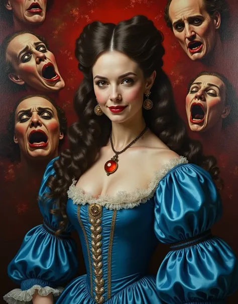 A haunting oil painting of Countess Elizabeth Báthory, notorious poisoner, gazes directly at the viewer with an alluring, yet wicked smile. Her voluminous brunette curls are styled in French flair, framing her stunningly large breasts adorned with a glass ...