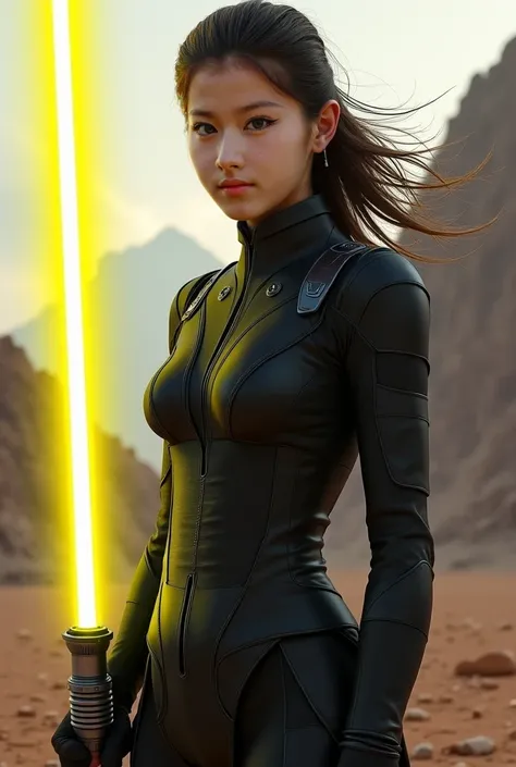 Make it realistic . A Jedi girl. Do it wearing a black suit and holding a yellow light sabre.  Your loose hair