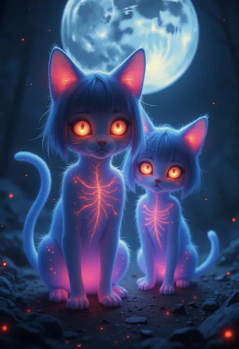 looking incredibly pretty cat girls with cute innocent frightened faces, purple highlight, emitting light, night atmosphere with moonlight,Illumination with bright moonlight,slender figure,glowing red veins, pale skin, large glowing black and red cat eyes,...