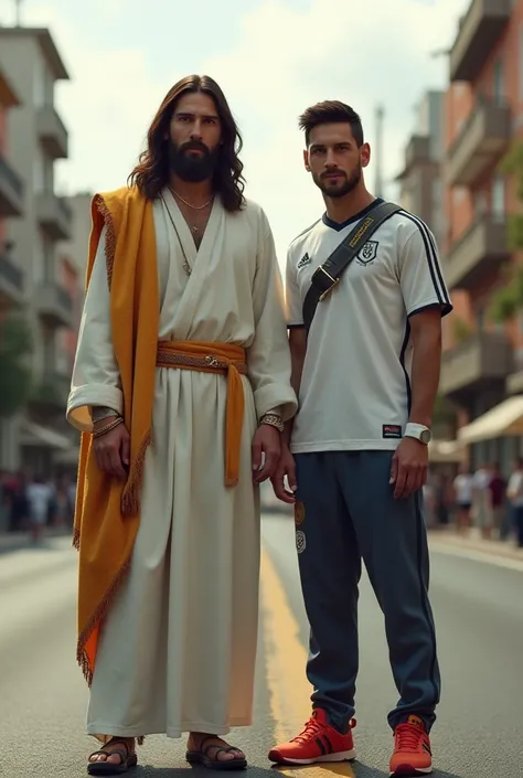 Generate an ultra realistic image of Jesus standing in the road wearing cool clothes with Lionel Messi with a paper witten 1XBET PROMO CODE: TURIRA