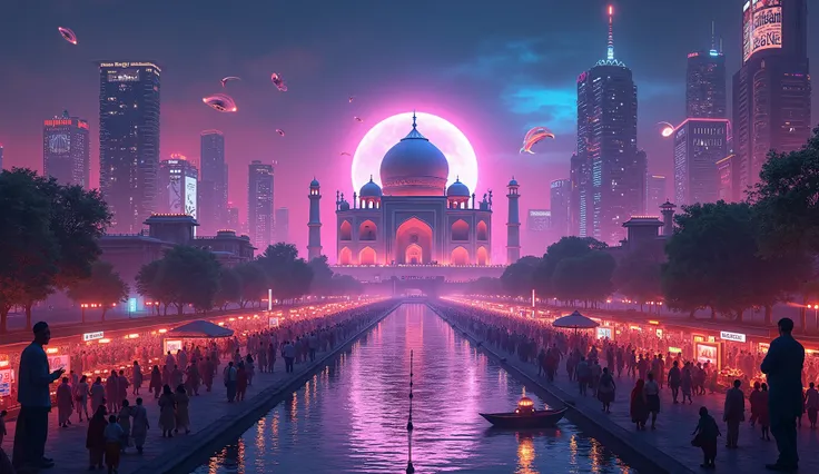 Create a futuristic Cyberpunk-style representation of India in a single frame. Show iconic landmarks like the Taj Mahal, Gateway of India, and Charminar illuminated with neon lights and holographic projections. Integrate traditional elements like a Kathaka...