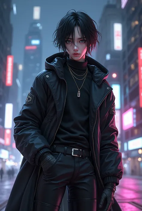 Cute anime guy, black attire, thigh-high boots, trousers, fingerless gloves, night time, city, cyberpunk 