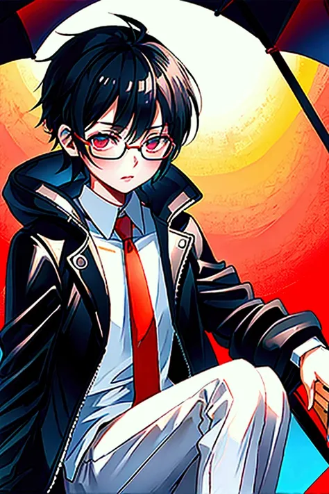 A boy wearing glasses and a leather jacket holding an umbrella on a rainy day