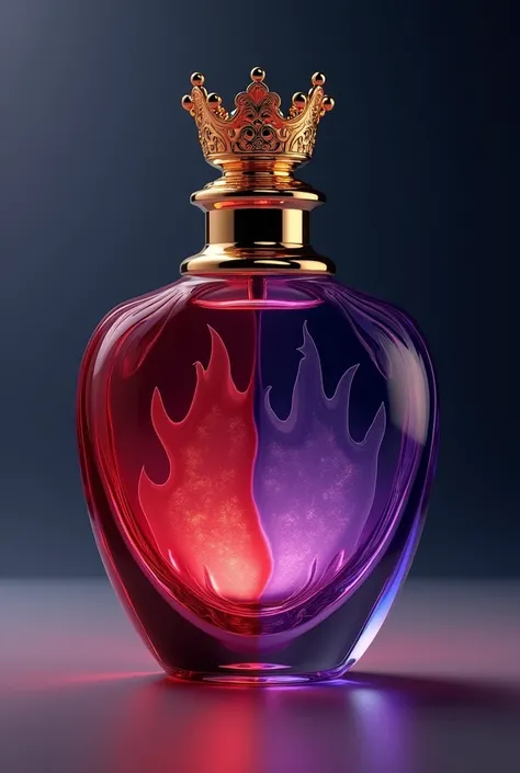 "A luxurious, premium twin flame themed perfume bottle with the following characteristics:

Bottle Shape: Elegant, royal design with curves representing balance and unity, mirroring itself on both sides. The bottle has a crown-like gold-plated cap for a re...