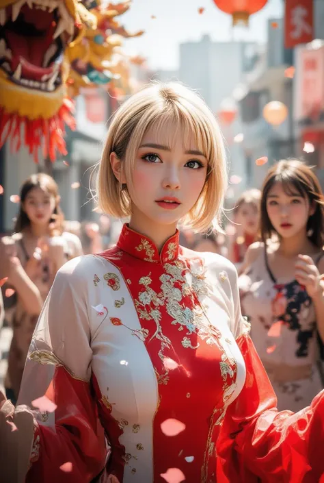 (16K, Raw foto, Best Quality, mastery:1.2), (surrealism, realistic, Realistic:1.37),"A vibrant festive parade scene filled with joyous celebration.  A young sexy Asian woman with blond short bob hair, wearing an elegant red and white outfit.Individuals ado...