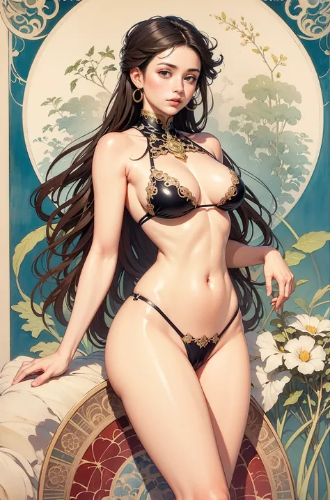 ((masterpiece)), (best quality), (Work),  Art Nouveau watercolor painting , Moon Goddess  , Large Breasts，High split swimsuit，Thong，show navel，Camel toes exposed，big eyes, long, Thick eyelashes, Full lips, Deep red eyes, hair long and thick,  High Ponytail...