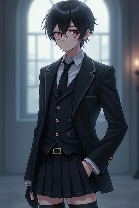 Cute anime guy, black attire, thigh-high socks, pleated skirt, fingerless gloves, glasses 