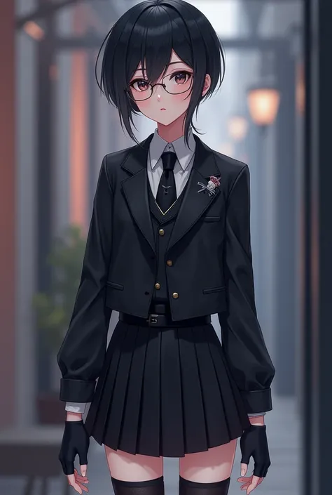 Cute anime guy, black attire, thigh-high socks, pleated skirt, fingerless gloves, glasses 