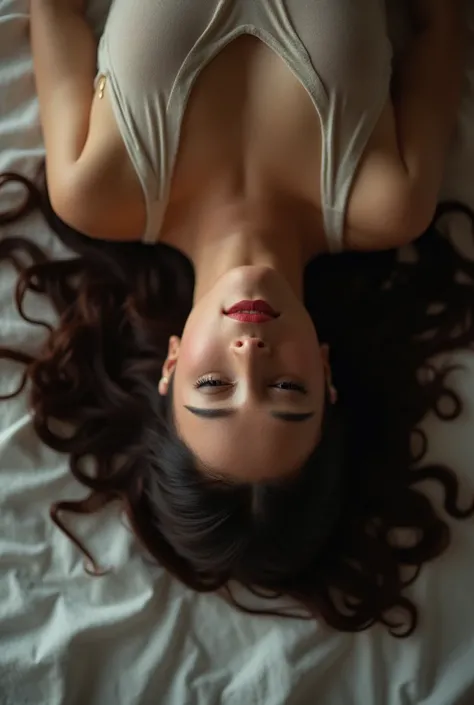 Megan fox lying on her back with her eyes closed with an upside down angle