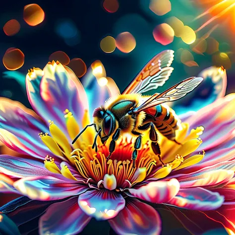  is present, The theme is " microscopic world ", A bee flying around a flower, Peaceful flower garden ,  honeybees in close-up ,  sophisticated design that corrects joints ,  advanced lighting technology ,   real photo 8K quality  