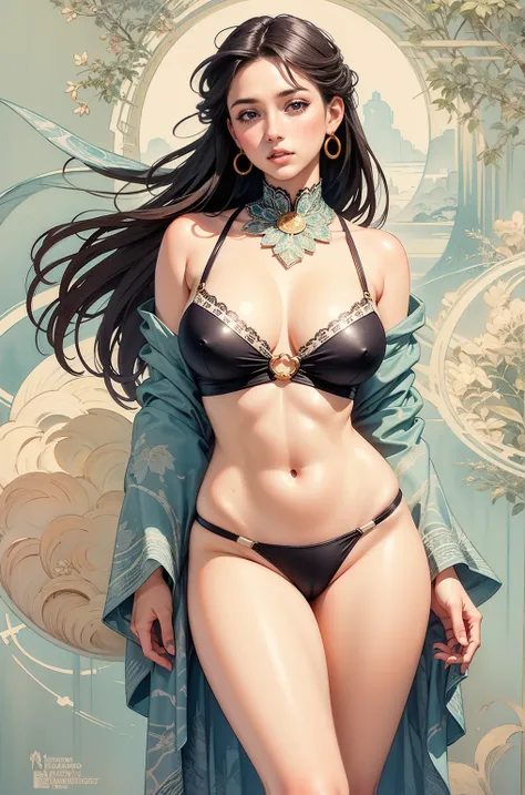 ((masterpiece)), (best quality), (Work),  Art Nouveau watercolor painting , Moon Goddess  , Large Breasts，High split swimsuit，Thong，show navel，Camel toes exposed，big eyes, long, Thick eyelashes, Full lips, Deep red eyes, hair long and thick,  High Ponytail...