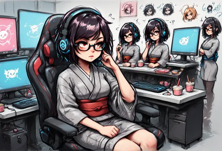 Adult Japanese woman. Short, wavy black hair. Wearing glasses and a dark red and dark grey kimono. Wearing a gaming headset and sitting in a gaming chair, but is stuck on a difficult stage and is deep in thought. Background is a PC room. Drawn in American ...