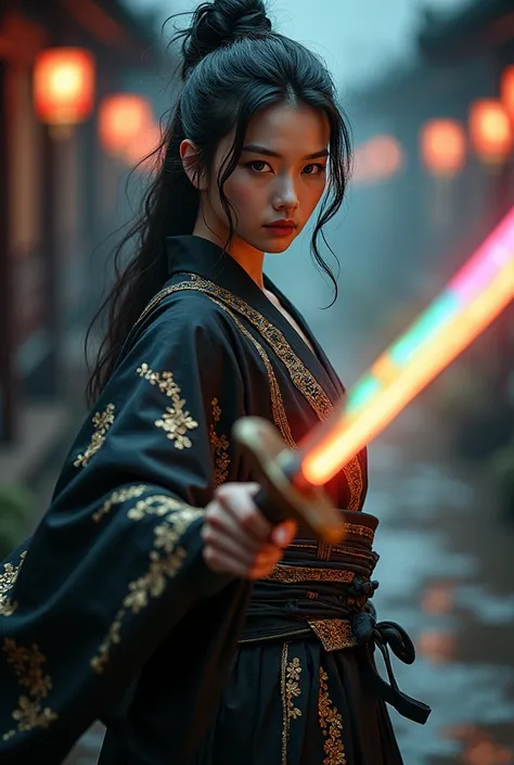  with the left foot in front of it ,前かがみの姿勢, shooting a Japanese sword with the left hand , Japanese sword emits a rainbow light  ,Holding a sword scabbard in the right hand , Iai Kari, wearing a black and gold embroidered kimono , attractive, ,  NFS,  NFS...