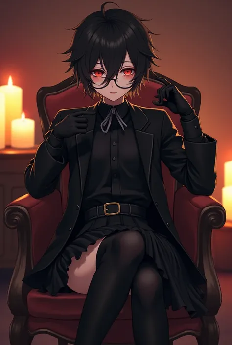 Cute anime guy, black attire, thigh-high socks, pleated skirt, fingerless gloves, glasses, chair, candles, legs crossed 