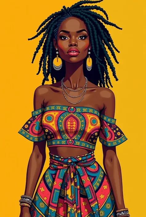 Create a colorful stencil art impasto style illustration of an African woman with black dreadlocks styled elegantly, wearing a vibrant off-shoulder scarf top with intricate African design and artistic patterns. The woman is accessorized with bold statement...