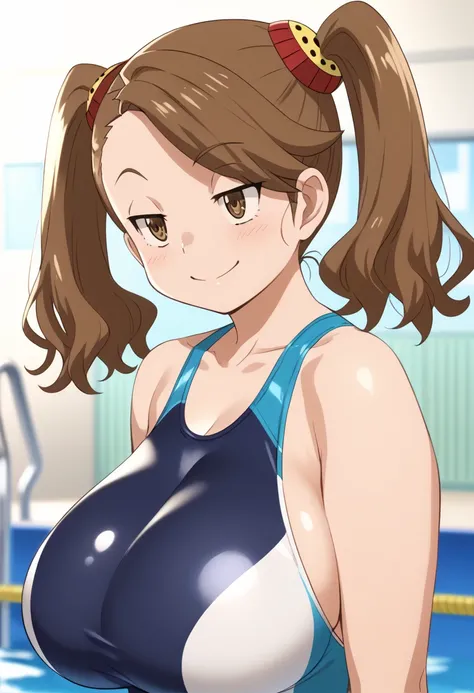  score_9,  score_8_ up,  score_7_ up,  anime screenshot, Break1girl, Kaoruko,  tea hair,  brown eyes,  Twin Tails,   hair ornament, 
 huge breasts ,デカすぎるもちもちおっぱい competitive swimsuit, competitive swimsuit,
 upper body, smile,  Watch viewers, Alone,School s...