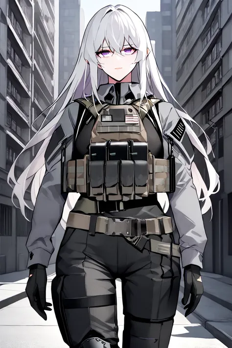  body masterpiece,  4K quality,  amazing quality, very aesthetic, absurdities,  newest , 1 girl, Alone ,  huge breasts, hair between the eyes ,  purple eyes,  long hair,  Greyish white hair,black tactical shirt , black tactical pants,tactical boots,tactica...