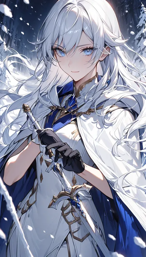 Detailed eye depiction， one woman，Duke，nice，Handsome ，beauty，grace，Slender， Silver White Long Hair， Light Blue Eyes，Delicate five-pointed detail ， exquisite eyes , gentle smile ， Dark Blue Army Uniform，cloak， black gloves ， Western fantasy， perfect human a...