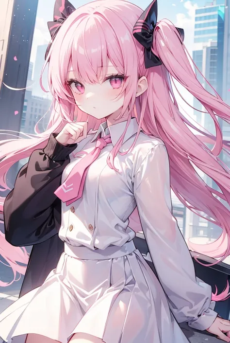 Anime girl with long pink hair and pink eyes wearing a white skirt, a red tie and a black pointed lapel 