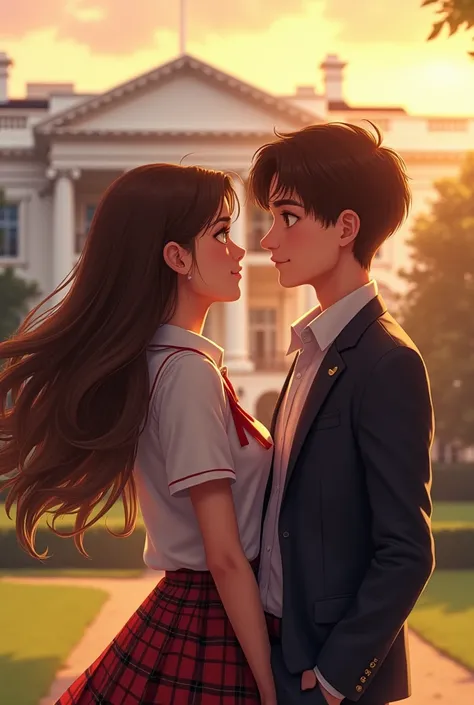 “An eye-catching, semi-realistic animated style cover featuring an 18-year-old girl with flowing brown hair, wearing a perfectly detailed plaid school uniform with a skirt, standing in front of a grand presidential building, subtly resembling the White Hou...