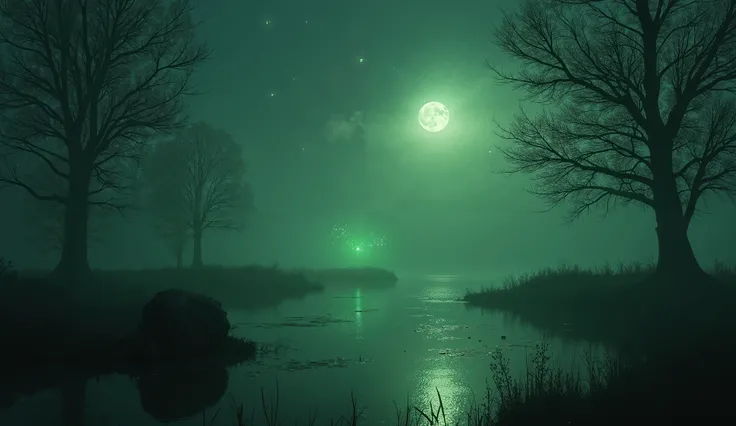 realistic of image of a swamp from a fairy tail, fog, night time, moon light, few trees, a rock, a little green flame is visible at the distance, few green sparks are flying in the air, the sky is dark green, some stars are visible at the sky