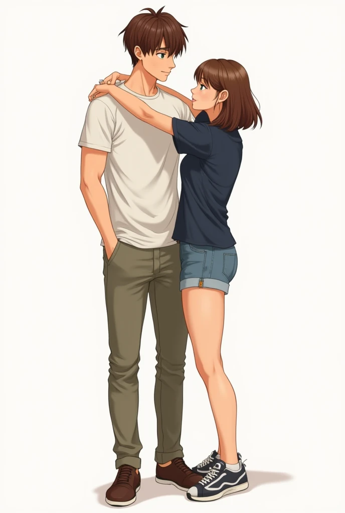 Brown-haired man with green eyes wearing a t-shirt with half sleeves, khaki jeans and elegant shoes. He is behind a woman with brown hair and blue eyes, a simple short-sleeved navy shirt and a pair of denim shorts and sports shoes.. He wraps his arm around...