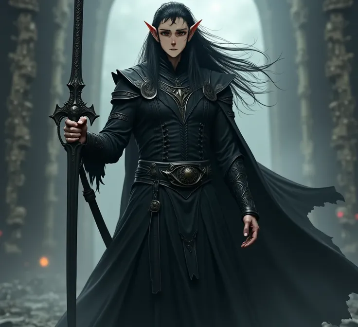  man with long black hair , black and white clothes and the ears of elves holding a black sword