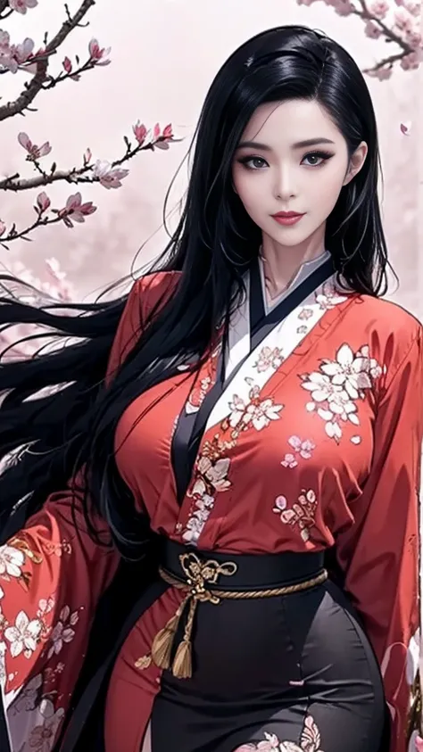 (best quality:2.0),(extremely detailed:2.0),(highly detailed:2.0),(Scene 4: Kijo Yasha, an oni (demon), wearing a flowing, cherry blossom-patterned kimono, her long black hair flowing freely in the wind, her crimson eyes glowing with a serene yet seductive...