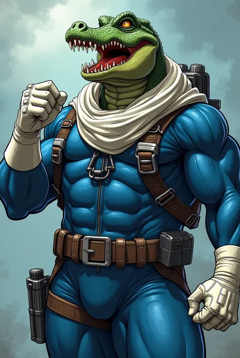 (A rugged beefy extremely muscular bulky smiling  crocodile man), (wearing blue fully-zipped fullbody wetsuit), fist up pose, wearing bulky harness, wearing bulky scuba gear, wearing white hero scarf, muscular physique, toned muscles, fierce, heroic, actio...