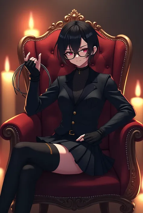 Cute anime guy, black attire, thigh-high socks, pleated skirt, fingerless gloves, glasses, chair, candles, legs crossed, hand holding a whip, smirking