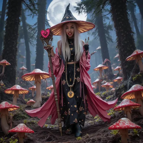 the mushroom sorcerers (cute, age 20, sexy mushroom themed gown with arcane symbols, mushroom hat, magic staff) is leading a horde of short Mushroom goblins into the enchanted forest, mystical moonlit night