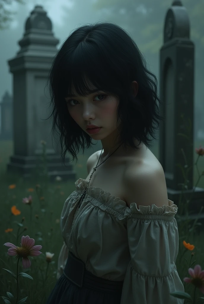  Brunette girl with medium wavy black hair , Skinny dark eyes  .  I want a sad image and a grave in the background.