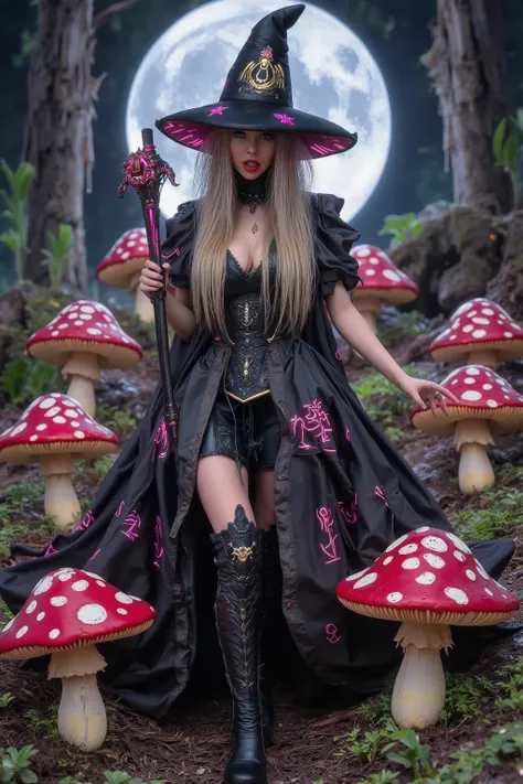 the mushroom sorcerers (cute, age 20, sexy mushroom themed gown with arcane symbols, mushroom hat, magic staff) is leading a horde of short Mushroom goblins into the enchanted forest, mystical moonlit night