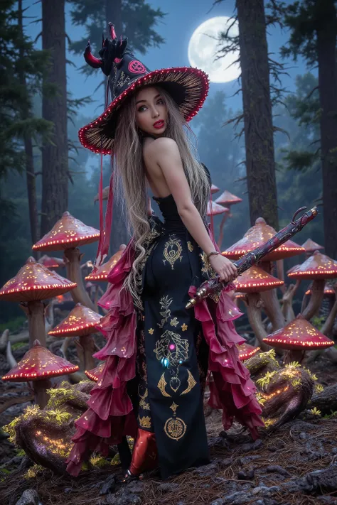 the mushroom sorcerers (cute, age 20, sexy mushroom themed gown with arcane symbols, mushroom hat, magic staff) is leading a horde of short Mushroom goblins into the enchanted forest, mystical moonlit night