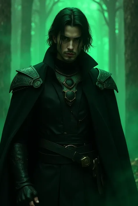  Creates an enigmatic emerald-colored male character , He's a duke so his clothing must be black armor,  adds a sword since he is a gentleman. man, 26 years old, high, atletico, husky, broad shoulders, sexy,  sharp eyes, enigmatic emerald colors that stand...