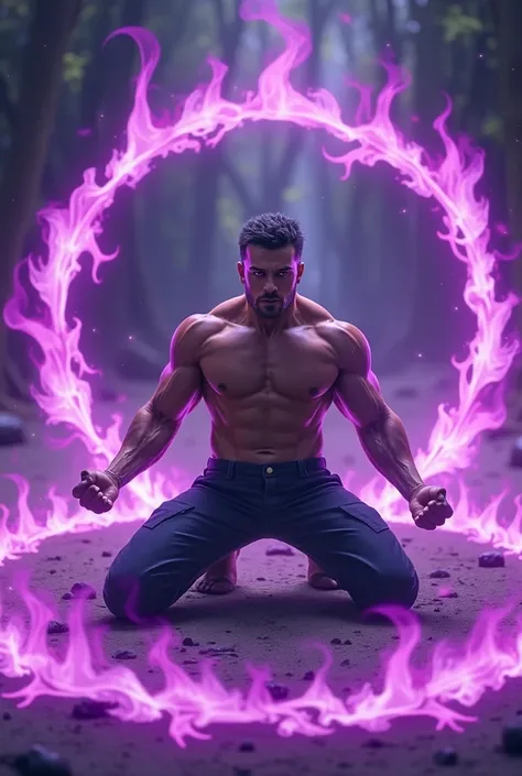 man,  Fight Pose,  short hair,  purple eyes, serious look, Circle of purple fire around him on the ground, Powerful