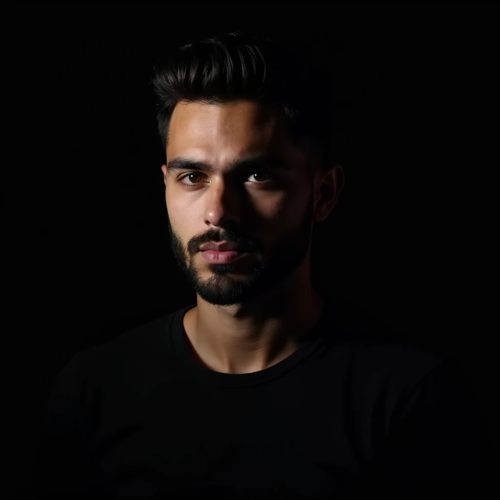 A dramatic, high-contrast portrait of a young man with a well-groomed beard and short hair, wearing a black shirt. The image features a minimalist black background with strong chiaroscuro lighting that illuminates only half of his face, creating a mysterio...