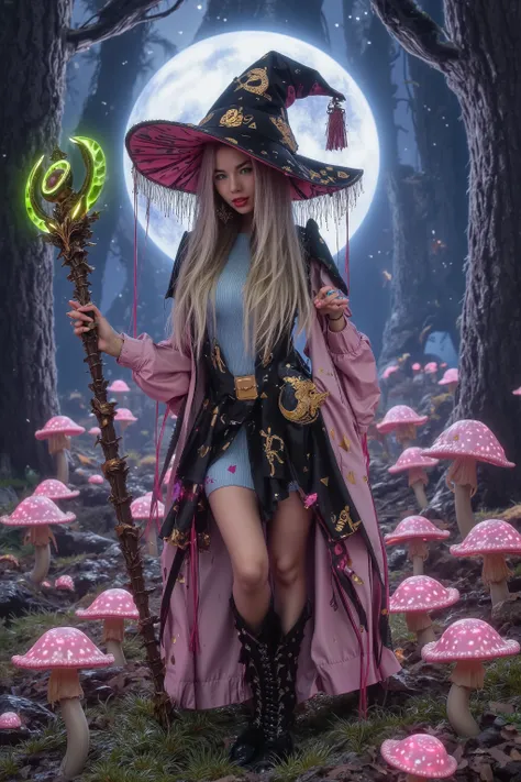 the mushroom sorcerers (cute, age 20, sexy mushroom themed gown with arcane symbols, mushroom hat, magic staff) is leading a horde of short Mushroom goblins into the enchanted forest, mystical moonlit night