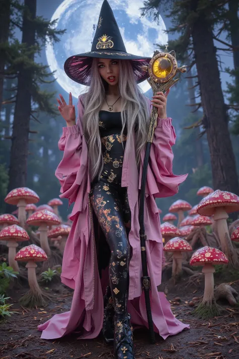 the mushroom sorcerers (cute, age 20, sexy mushroom themed gown with arcane symbols, mushroom hat, magic staff) is leading a horde of short Mushroom goblins into the enchanted forest, mystical moonlit night