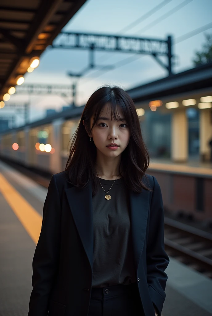  Ultra-realistic , Realistic,  Dramatic Scene , shadow, Full-area lighting,  a young Japanese woman ，medium long hair，Bangs，In the Fall， opposite the railway level intersection，The train is passing ， Low angle shot 